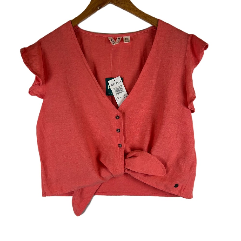 NWT Roxy Women's XL Sweeter Than This Button Up Tie‎ Front Ruffle Sleeve Top
